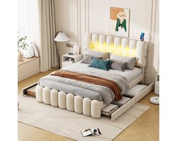 STILVORA Gestoffeerd Bed 160x200 cm – Tweepersoonsbed met 4 Lades & Verstelbaar Hoofdeinde – LED met USB en Luidsprekers – Fluweel – Beige – Zonder Matras