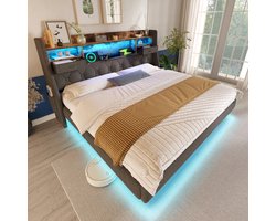 STILVORA Gestoffeerd bed 160x200 cm - Tweepersoonsbed met LED & Oplaadstation (3 USB + Type-C) - Hoofdeinde met Opbergruimte - Linnen - Grijs - Zonder matras