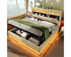 STILVORA Gestoffeerd bed 160x200cm – Tweepersoonsbed Met Hydraulische Opbergruimte & LED – Hoofdeinde Met USB/Type-C – Linnen – Beige – Zonder matras