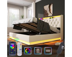 STILVORA Gestoffeerd Bed 180x200 cm - 360° LED Licht met App en Afstandsbediening - Hydraulisch Opbergbed met USB Type-C en Kopbordvak - PU - Wit - Zonder matras