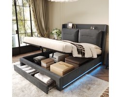 STILVORA Gestoffeerd Bed 180x200 cm – LED Tweepersoonsbed – Hydraulisch Bed Met Opbergruimte En Lades – Fluweel – Grijs