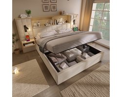 STILVORA Gestoffeerd Bed 180x200 cm – Met Led-Leeslampen En Usb Oplaadpunten – Hydraulische Opbergruimte En Nachtkastjes – Vintage Linnen – Beige – Zonder Matras