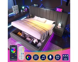 STILVORA Gestoffeerd Bed 180x200 cm - Opbergbed Met LED Verlichting En USB C-Type Oplaadfunctie - Tweepersoonsbed Inclusief Lattenbodem - Metaal - Grijs