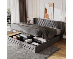 STILVORA Gestoffeerd bed 180x200 cm – Tweepersoonsbed Chesterfield Hoofdeinde Met Knopen – Hydraulische Opbergruimte – Zonder Matras – Fluweel – Grijs
