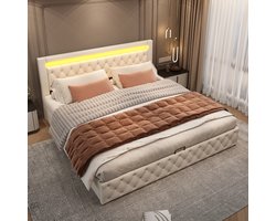 STILVORA Gestoffeerd Bed 180x200 Cm – Tweepersoonsbed Met Hoog Hoofdeinde – LED & Ruime Opbergruimte Onder Lattenbodem – Slaapkamer/Gasten – PU – Wit – Zonder Matras
