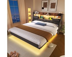 STILVORA Gestoffeerd bed 180x200 cm - Tweepersoonsbed met LED&Oplaadstation (Type-C+3USB) - Hoofdbord-opbergruimte met zakjes - Leinen - Grijs - Zonder matras