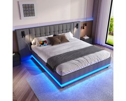 STILVORA Gestoffeerd Bed 180x200 cm – Tweepersoonsbed met Meerkleurige LED & USB‑lader – Hoofdeinde met Leesspot – Slaapkamer – Linnen – Grijs – Zonder Matras