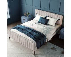 STILVORA Gestoffeerd Bed 180x200 - Tweepersoonsbed Met Massief Houten Frame - Linnen Stoffering - Grijs-Beige
