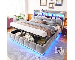 STILVORA Gestoffeerd Bed 180x200cm – Stauraumbed Met Hydraulisch Systeem – LED Verlichting En USB Aansluiting – Extra Grote Opbergruimte – Volwassenen Slaapkamer – Teddy Stof En Metaal – Grijs