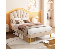 STILVORA Gestoffeerd Bed 90 x 200 cm – Eenpersoonsbed Met Schelpvormig Hoofdbord En Gouden Metalen Poten – Hoogteverstelbaar Hoofdeinde En Houten Lattenbodem – Voor Tiener Meisjeskamer En Logeerkamer – Fluweel – Beige
