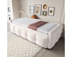STILVORA Gestoffeerd Bed 90/180x190 cm – Uitschuifbaar Slaapbank Met Opbergruimte – Zachte Teddy-Bekleding – Voor Gasten/Kleine Kamers – Beige – Zonder Matras