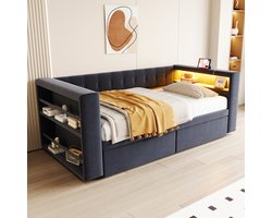 STILVORA Gestoffeerd bed 90x190 cm – Slaapbank Met LED & Stopcontact – Met 2 Opberglades – Flanellen Bekleding – Donkergrijs – Zonder matras