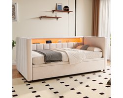 STILVORA Gestoffeerd Bed 90x190 cm - Uittrekbare Slaapbank Met LED-Sfeerverlichting En USB-C Oplaadpoort - Met Opbergruimte - Voor Woonkamer En Gasten - Fluweel - Beige - Zonder matras