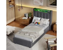 STILVORA Gestoffeerd Bed 90x190 - Eenpersoonsbed Met Opbergruimte En LED - Fluweel - Donkergrijs
