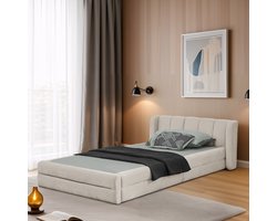 STILVORA Gestoffeerd Bed 90x200 cm - Chenille Schuim Comfort - Ergonomisch Hoofdeinde - Zonder Opbergruimte - Voor Kleine Slaapkamer - Beige - Zonder matras