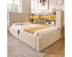 STILVORA Gestoffeerd bed 90x200 cm – Eenpersoonsbed Met LED en Oplaadpoorten – Hydraulische Opbergruimte – Linnen – Beige – Zonder matras