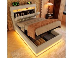 STILVORA Gestoffeerd bed 90x200 cm – Eenpersoonsbed met LED & USB/Type-C Opladen – Hydraulische Opbergruimte – Linnen – Beige – Zonder matras