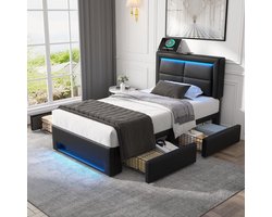 STILVORA Gestoffeerd Bed 90x200 cm - Eenpersoonsbed Met Opbergruimte En USB-Oplader - PU - Zwart