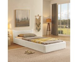 STILVORA Gestoffeerd Bed 90x200 cm - Ribstof Kinderbed Met Opstaand Hoofdeinde - Geen Opbergruimte - Kinder/Gasten - Eucalyptus+Metaal - Beige - Zonder matras