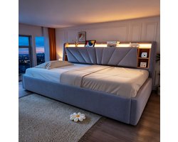 STILVORA Gestoffeerd Bed 90x200 cm – Slaapbank met Hefberging – Rugleuning met Licht en Oplaadaansluiting – Fluweel – Zonder Matras – Lichtgrijs
