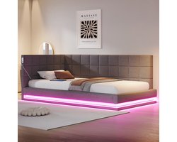 STILVORA Gestoffeerd bed 90x200 cm – Slaapbank Met LED & USB-Aansluiting – Lattenbodem Tot 150 Kg – Voor logeer- & feestgebruik – Linnen – Grijs – Zonder matras