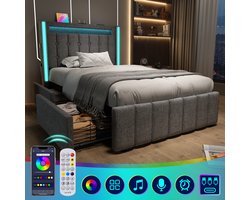 STILVORA Gestoffeerd Bed 90x200 cm – USB Type-C + 3x USB & LED-Licht – Ideaal Voor Jeugd/Slaapkamer – Linnen – Grijs – Zonder matras