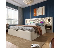 STILVORA Gestoffeerd bed Tweepersoonsbed 160x200 cm – Hydraulisch opbergbed met 2 Nachtkastjes en USB/Type-C Leeslamp – Fluweel – Beige – Zonder matras