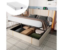 STILVORA Gestoffeerd Bed Tweepersoonsbedden 160x200 cm - Boxspring Met Opbergruimte - Met USB Oplaadfunctie En LED Verlichting - Modern Hydraulisch Bed - Linnenmateriaal - Beige