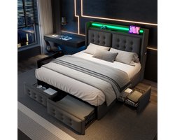 STILVORA Gestoffeerd Bed Tweepersoonsbedden 180x200 cm - Bed Met Lades 4x - LED Verlichting & USB Oplaadfunctie - Katoen - Grijs