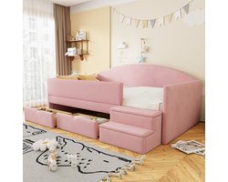 STILVORA Gestoffeerd Kinderbed 90x190 cm – Zacht Fluweel – Veiligheidshekje Met Treden – 2 Opberglades – Zonder Matras – Roze