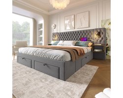 STILVORA Gestoffeerd Tweepersoonsbed 160x200 cm – Compleet Met 2 Nachtkastjes & 4 Lades – Leeslampen Met USB en Type-C Oplaadpunt – Fluweel – Grijs – Met Matras