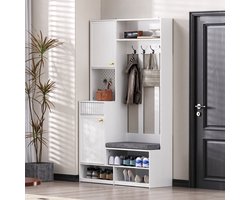 STILVORA Halkast - Garderobeset Met Zitbank En Opbergruimte - 4 Haken 1 Deur En 1 Lade - Halmeubel En Kapstok Kast - Hout - 100x180x35 cm - Wit