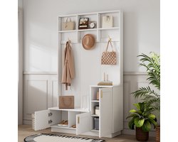 STILVORA Halkasten - Garderobe Halmeubel Met Bank, 3 Haken En Open Rekken - Praktische Haloplossing - 200x120x40 cm - Spaanplaat - Wit