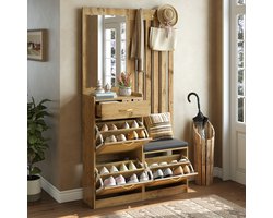 STILVORA Halmeubel - Garderobekast Met Spiegel, Zitbank En Schoenklep - Ruimtebesparend Voor Hal En Entree - MDF - 99,5x26x180 Cm - Naturel