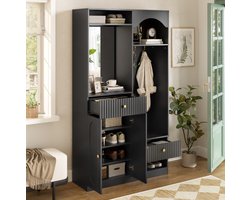 STILVORA Halmeubel - Met Spiegel, Zitbank, Haken En Ledverlichting - Met Schoenenkast En Opbergruimte Voor Hal - MDF - 100x35x180 Cm - Zwart