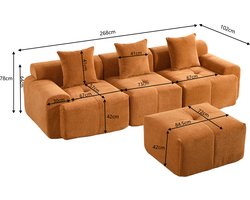 STILVORA Hoekbank 268 x 102 x 78 cm - Modulair 3-Zits Met Hocker En Zijvakken - Voor Woonkamer - Kordstof - Oranje