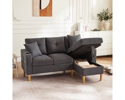 STILVORA Hoekbank - Modern L-vormige Sofa - 3-Zits Chaiselongue met Opbergruimte en Drinkcuphouder - Voor Woonkamer en Kantoor - Donkergrijs - Katoen Lenen