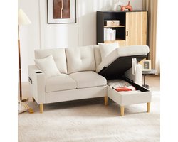 STILVORA Hoekbank - Moderne L-vormige Sofa met Chaise Longue - 3-zits met Opbergruimte & Drinkhouder - Voor Woonkamer, Kantoor, Appartement - Katoen Linnen - Beige
