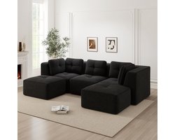 STILVORA Hoekbank Modulair 3-Zits - Met Ottomane En Diepe Zitting - Voor Woonkamer - Ribfluweel - Zwart