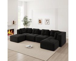 STILVORA Hoekbank Modulair - U-Vorm Met Ottomane - Diepe Zit En Slaapfunctie - Voor Woonkamer - Corduroy Zwart