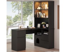 STILVORA Hoekbureau Met Kast En Led Vitrinekast - 3 Lades En Kabeldoorvoer - Voor Thuiswerk En Studie - MDF - Zwart