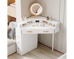 STILVORA Hoekkaptafel - Verstelbare Led Spiegel Met Dimbaar Licht - 5 Lades En Oplaadpoorten - Spaanplaat - Wit - 105,5x75x120 Cm