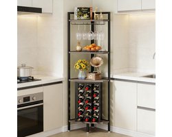 STILVORA Hoekkast – 40 x 40 x 161 cm – Wijnrek Met Glashouders En 3 Open Planken – MDF En Metaal – Grijs – Voor Woonkamer Of Keuken