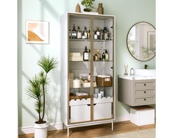 STILVORA Hoge Kast - Glazen Deur, Verstelbare Glasplanken En Lade - Voor Woonkamer, Slaapkamer En Hal - MDF - Wit;Goud - 75x35x170,8 Cm
