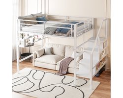 STILVORA Hoogslaper 140x200 cm – Bed Met Opbergrekken & Trapopslag – Open Speelruimte Onder Bed – Metaal+MDF – Wit – Zonder Matras