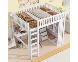 STILVORA Hoogslaper 140x200 Cm - Kinderhoogslaper Met Bureau, Kast En Laden - Praktisch En Veilig - Grenenhout - Wit