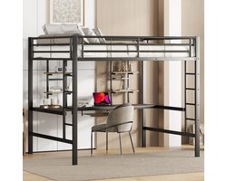 STILVORA Hoogslaper 140x200 cm - Kinderhoogslaper Met Schrijfbureau En Opbergruimte - Metaal En MDF - Zwart