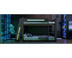STILVORA Hoogslaper 140x200 cm – Met Bureau, Usb en Ledverlichting – Met Opbergvakken – Voor Gamen En Studeren – Hout – Zwart Groen – Zonder Matras