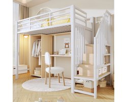 STILVORA Hoogslaper 90x200 cm – Bed Met Kast En Bureau – Trap Met Opbergruimte – Ruimtebesparend Voor Kinderkamer – Metaal En MDF – Zonder matras – Wit