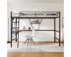STILVORA Hoogslaper 90x200 cm – Hoogslaper Met L-Vormig Bureau & Opbergrek – Stevig Stalen Frame Met Veilig Leuning En Ladder – Metaal – Zwart – Zonder matras
